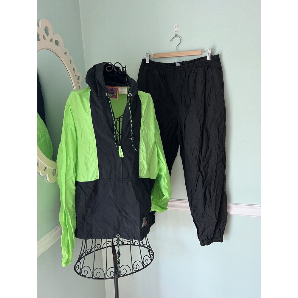 Vtg Ocean Equipment Jacket Mens m green Black Windbreaker neon track suit‎